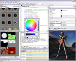 FX Composer 2 is an integrated development environment for shader authoring, enabling fast creation of real-time visual effects. This screenshot shows a complex scene with several materials, animation, scripting, shadows, and a high dynamic range color picker.