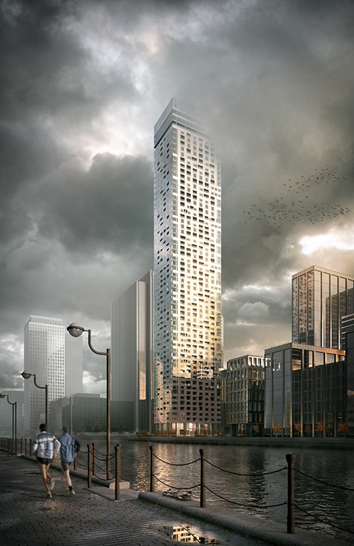 Autodesk 3dsMax, Chaos V-ray RT 및 NVIDIA’s Maximus Technology를 사용하여 Factory 15로 구현한 아키텍처 장면.
