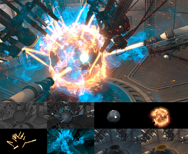 NVIDIA Maximus 플랫폼에 탑재된 Maxon의 Cinema 4D와 Jawset의 Turbulence FD를 사용하여 최종 장면에 다중 효과를 합성한 장면